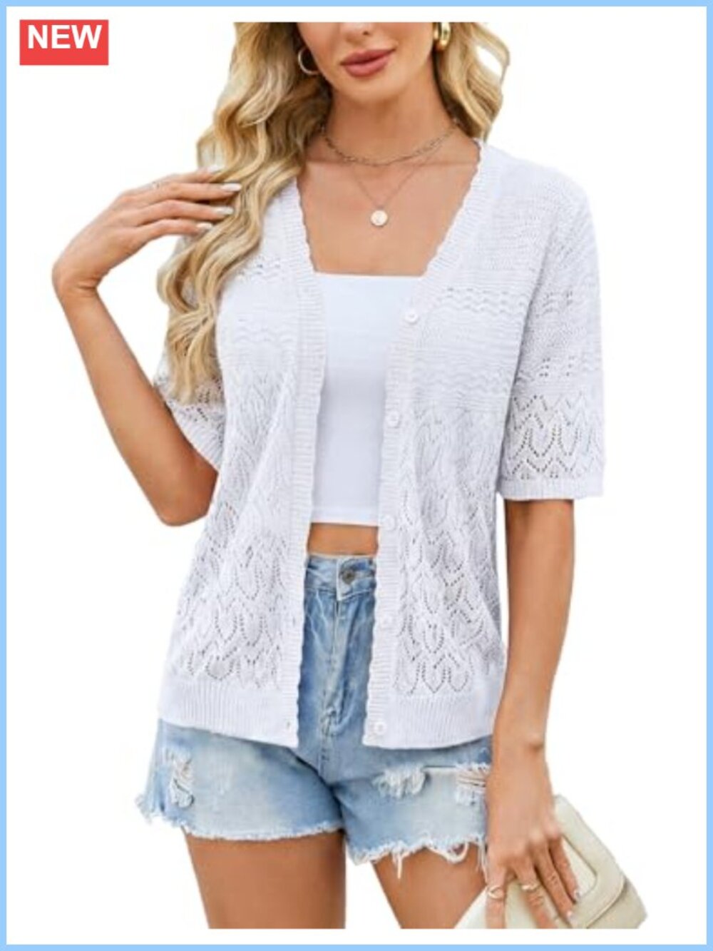 Womens Crochet Summer Cardigan Short Sleeve Button Shrug Lightweight